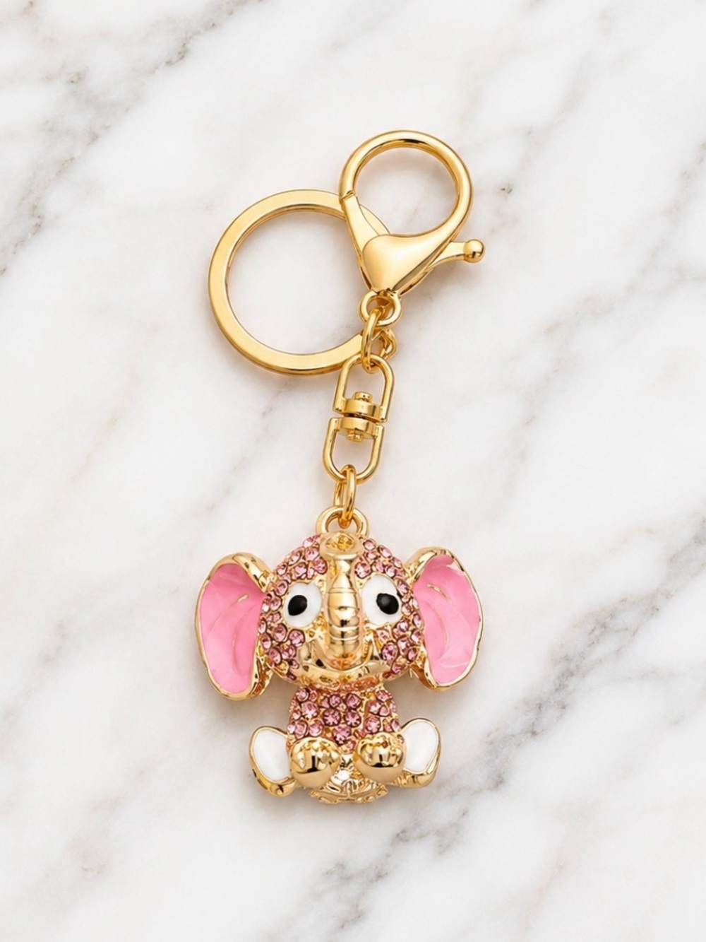 Bag Charm/Keyring-Pink and White Rhinestone Baby Lucky Elephant-Gold Hardware